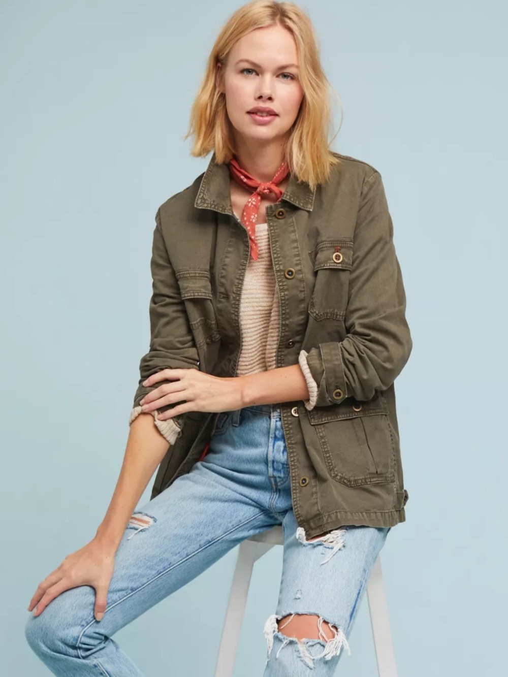 Anthropologie Arly Sweater-Back Anorak Jacket Olive Green Geometric Knit Boho